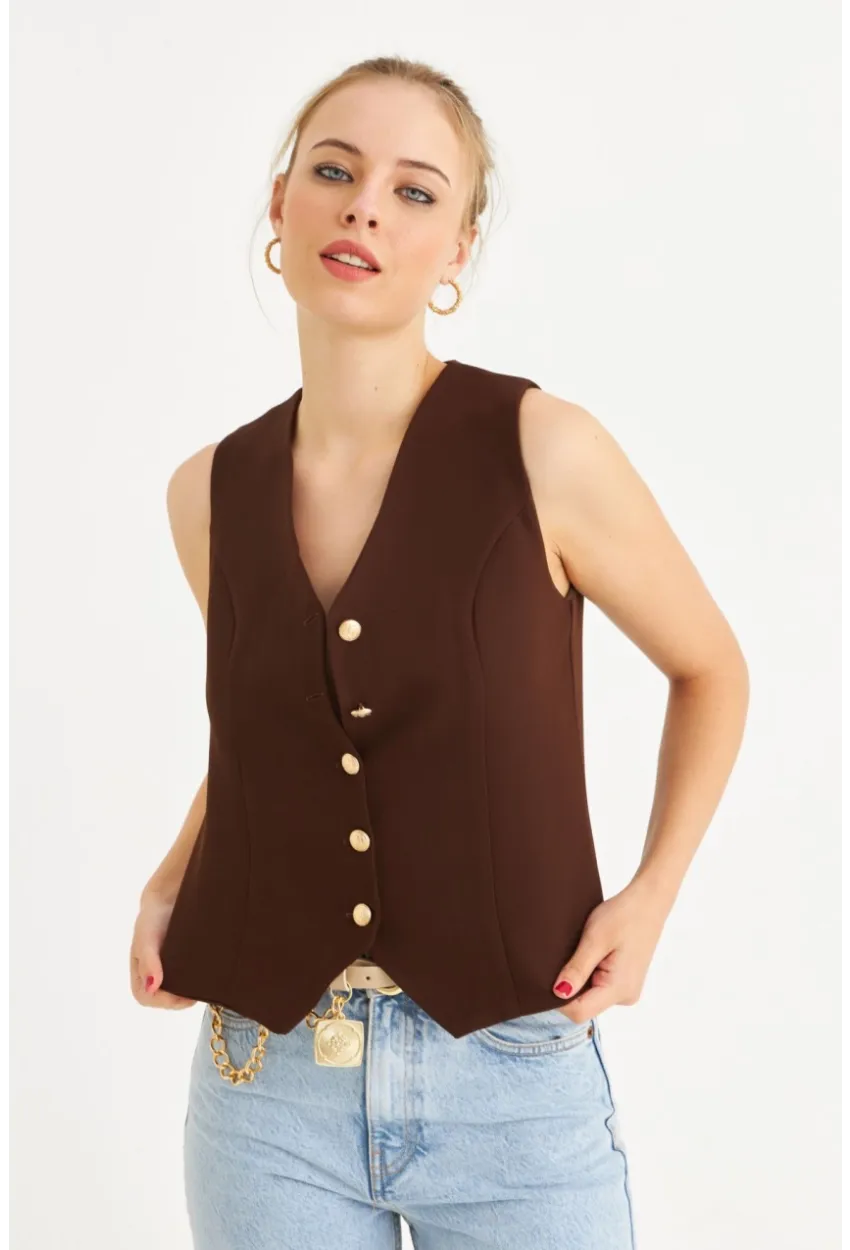 Kadın Kahverengi Düğme Detaylı Astarlı Yelek SGT410