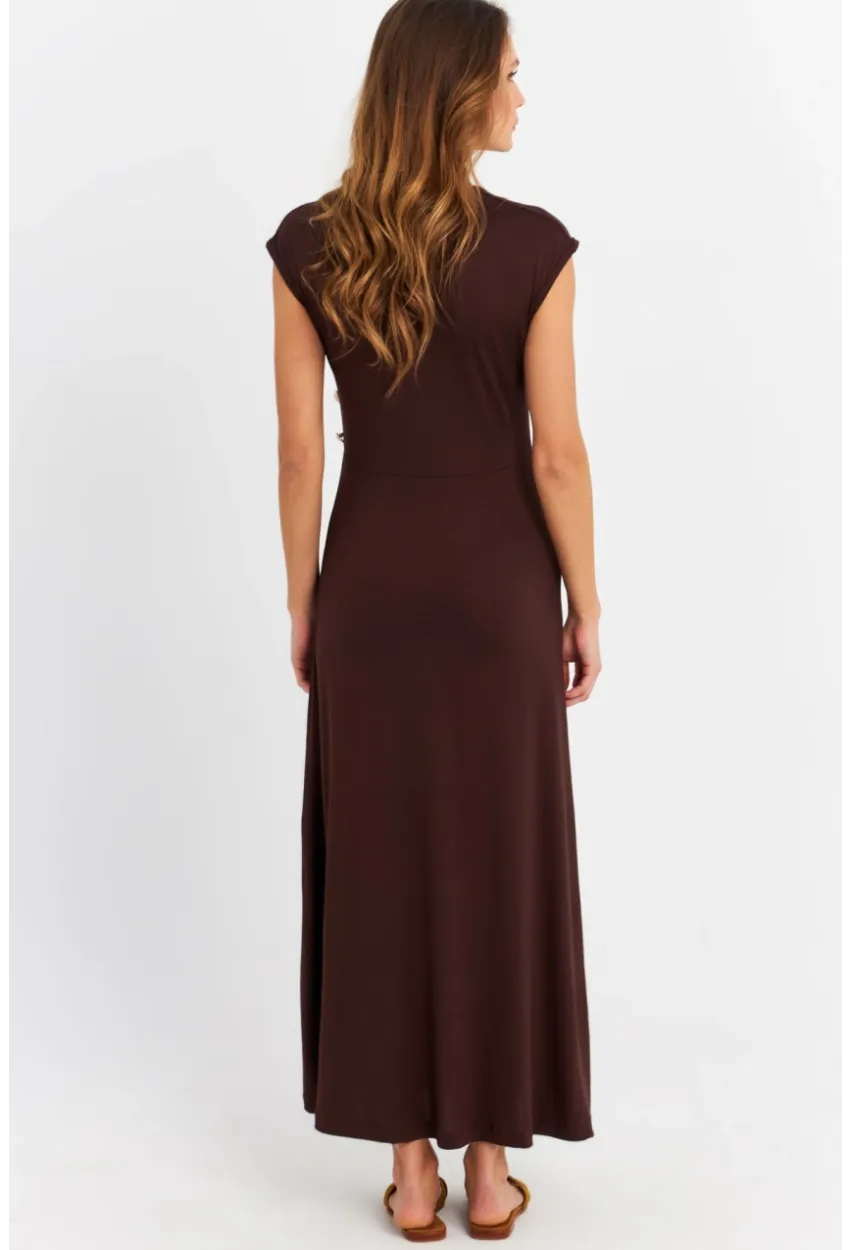 Kadın Kahverengi Düğme Detaylı Kruvaze Midi Elbise MEY0011