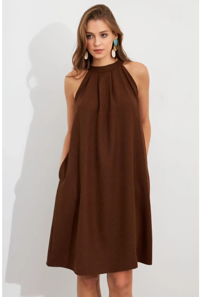 Kadın Kahverengi Halter Yaka Midi Elbise NH5029