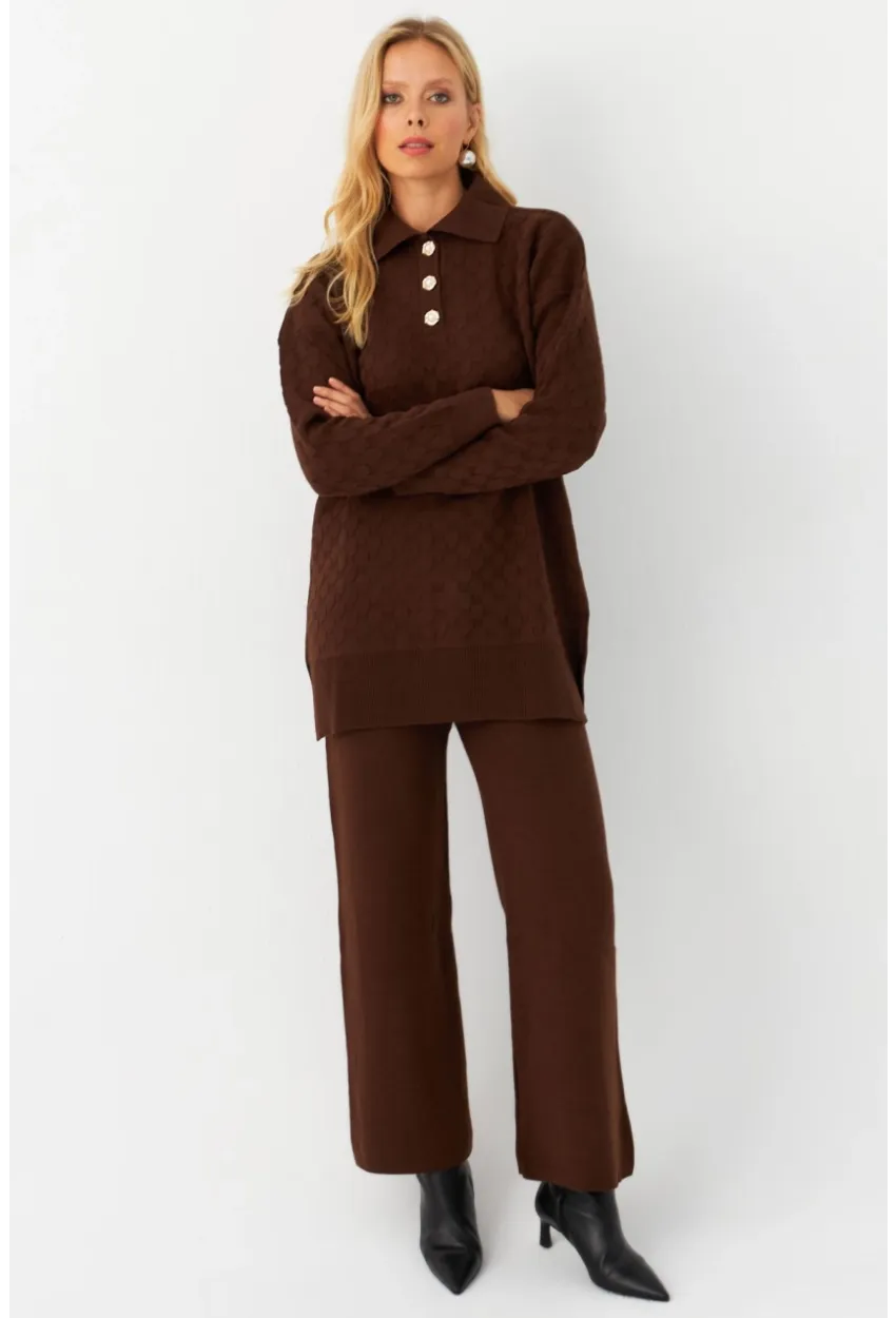 Kadın Kahverengi İnci Düğmeli Triko Alt Üst Takım MNUV33