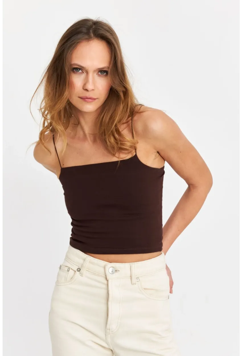 Kadın Kahverengi İp Askılı Crop Bluz EV63