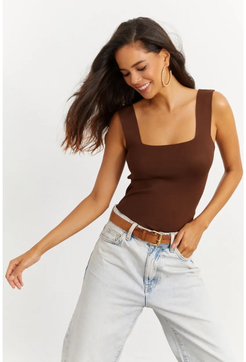 Kadın Kahverengi Kare Yaka Triko Bluz YV87