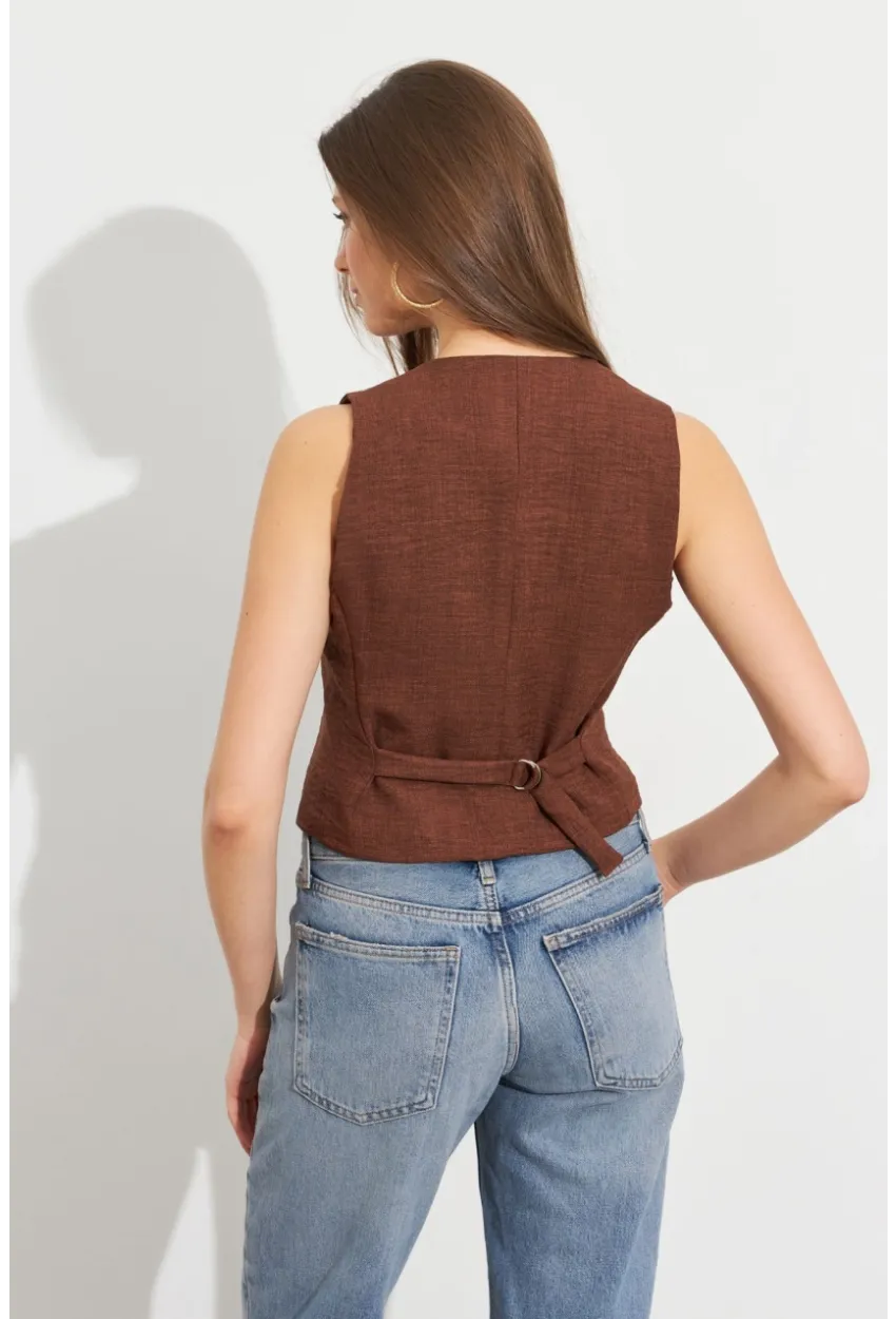Kadın Kahverengi Keten Astarlı Yelek TW60046