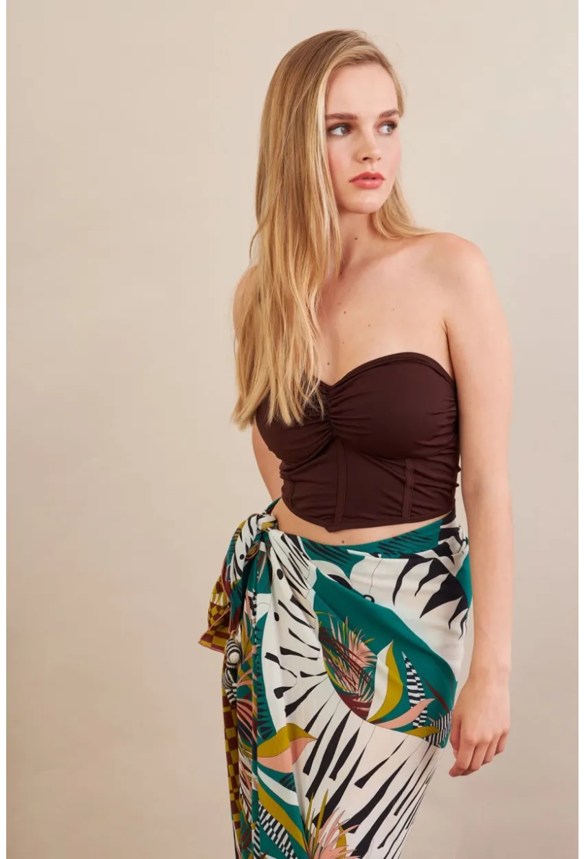 Kadın Kahverengi Korse Dikişli Crop Bluz AN6025