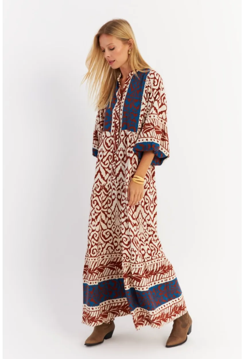 Kadın Kahverengi-Lacivert Volanlı Maxi Elbise ALO11