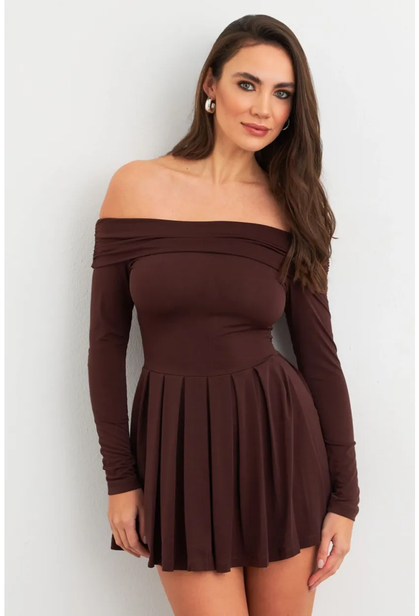 Kadın Kahverengi Madonna Yaka Midi Elbise MON1262