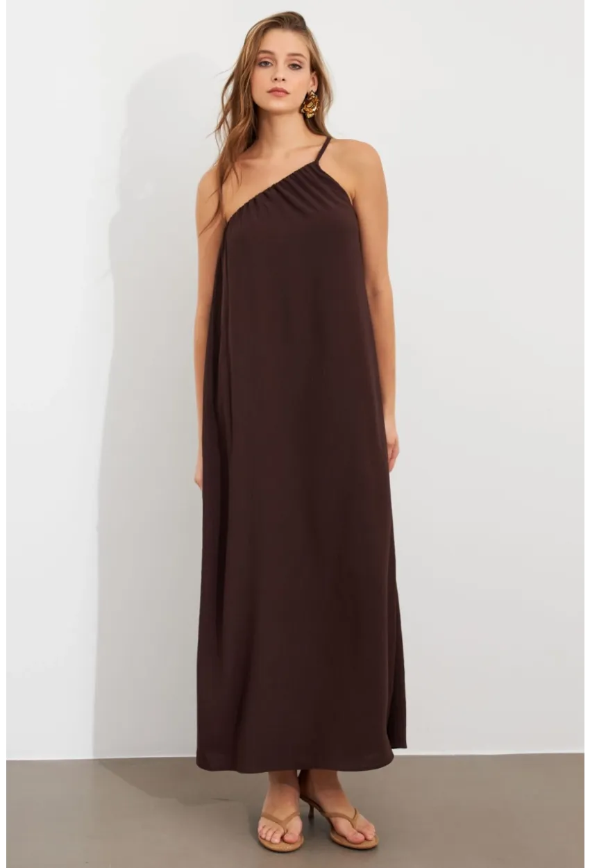 Kadın Kahverengi Tek Omuz Maxi Elbise İRE1012