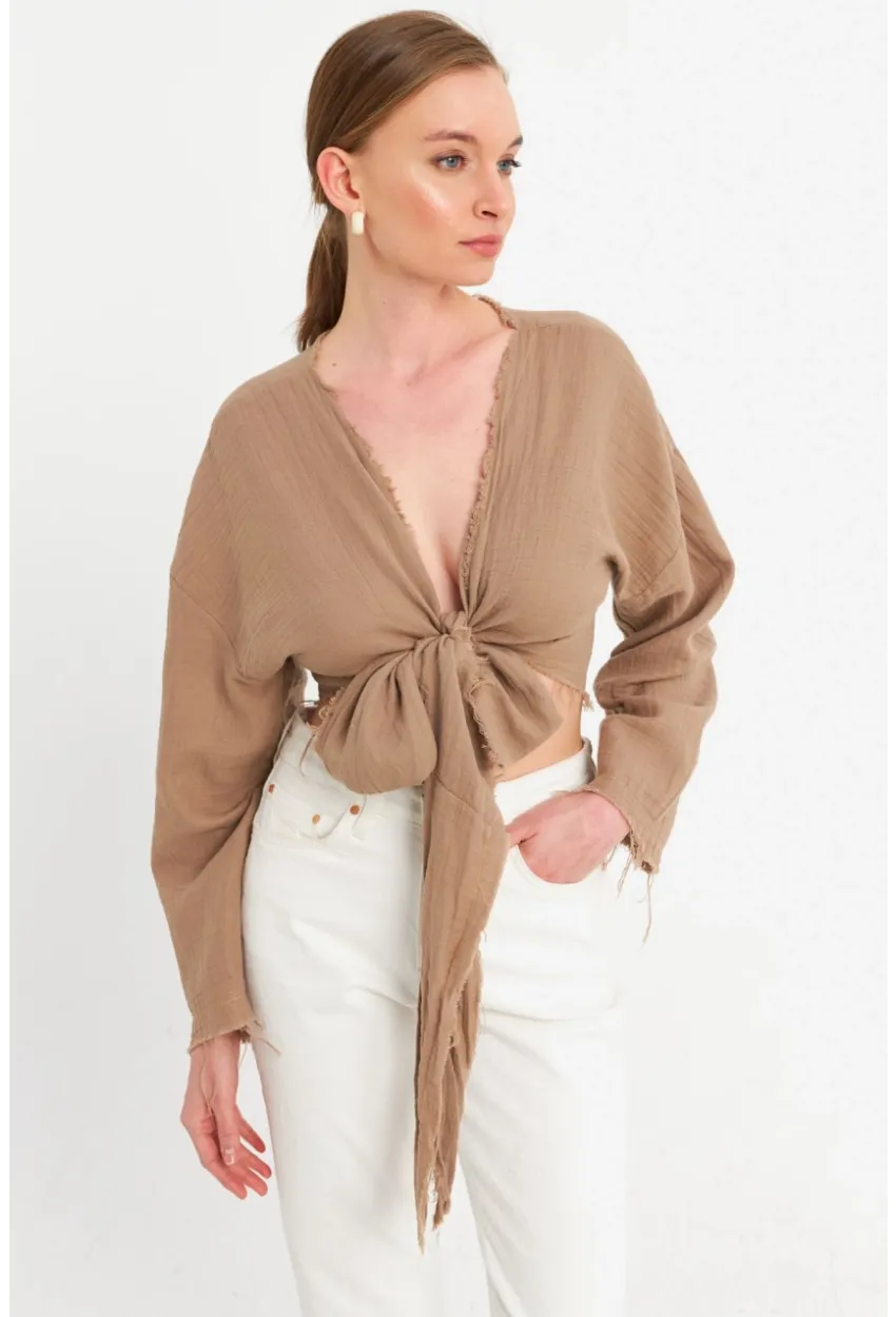 Kadın Kahverengi Müslin Crop Bluz PC20700