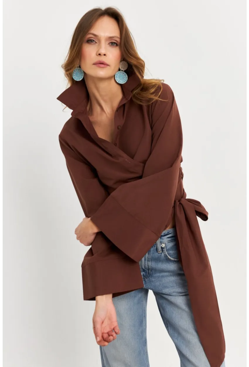 Kadın Kahverengi Önü Bağlamalı İspanyol Kol Gömlek MON142