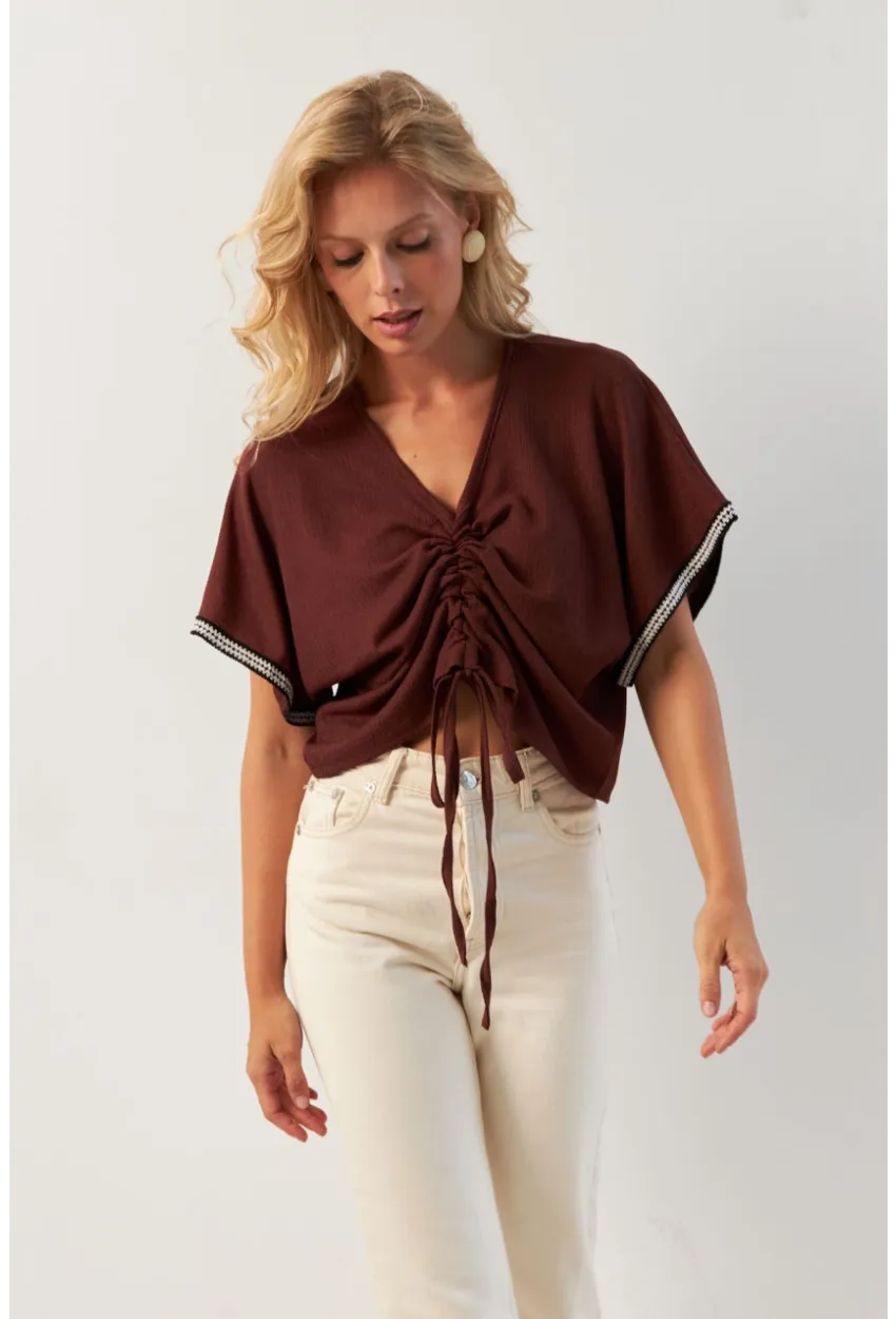 Kadın Kahverengi Önü Büzgülü Bluz XL2039