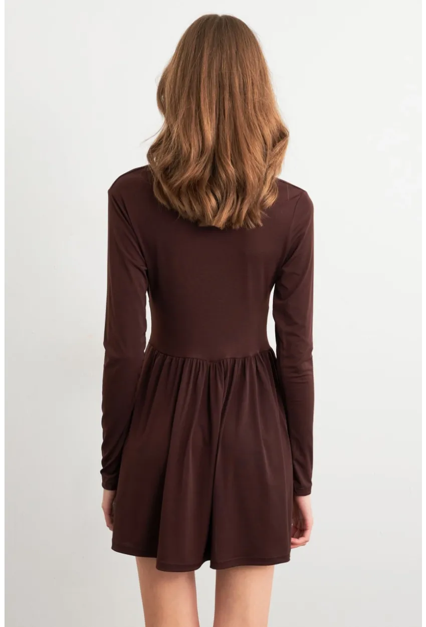 Kadın Kahverengi V Yaka Mini Elbise LİK17