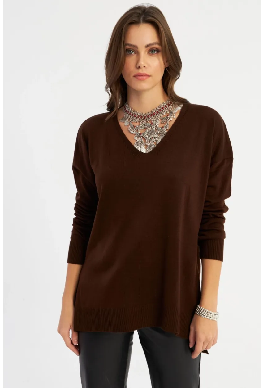 Kadın Kahverengi V Yaka Triko Bluz YİL557