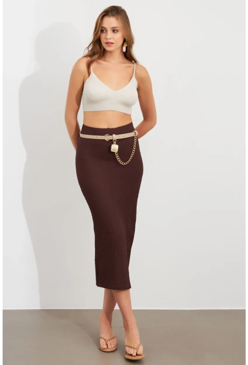 Kadın Kahverengi Yırtmaçlı Bürümcük Midi Etek ZH329