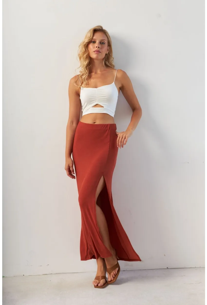 Kadın Kiremit Yırtmaçlı Maxi Etek AYD370