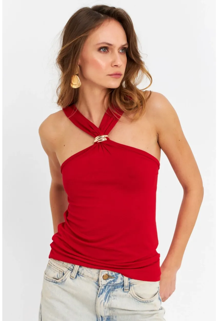 Kadın Kırmızı Aksesuarlı Çapraz Yaka Bluz EY3068
