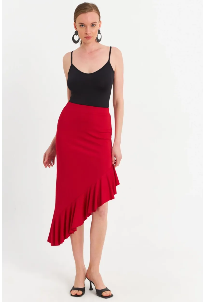 Kadın Kırmızı Asimetrik Pileli Etek EV741