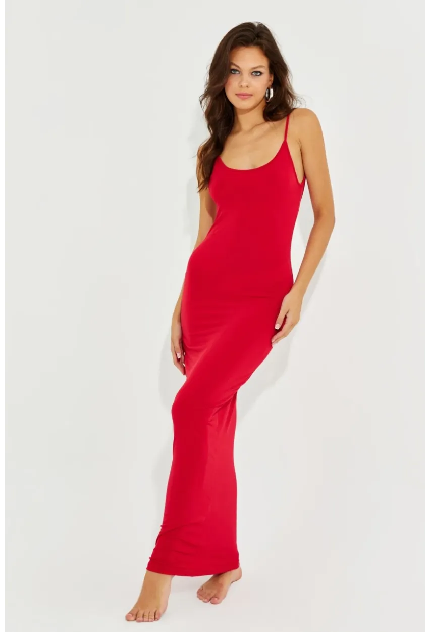 Kadın Kırmızı Ayarlanabilir Askılı Maxi Elbise MEN2004