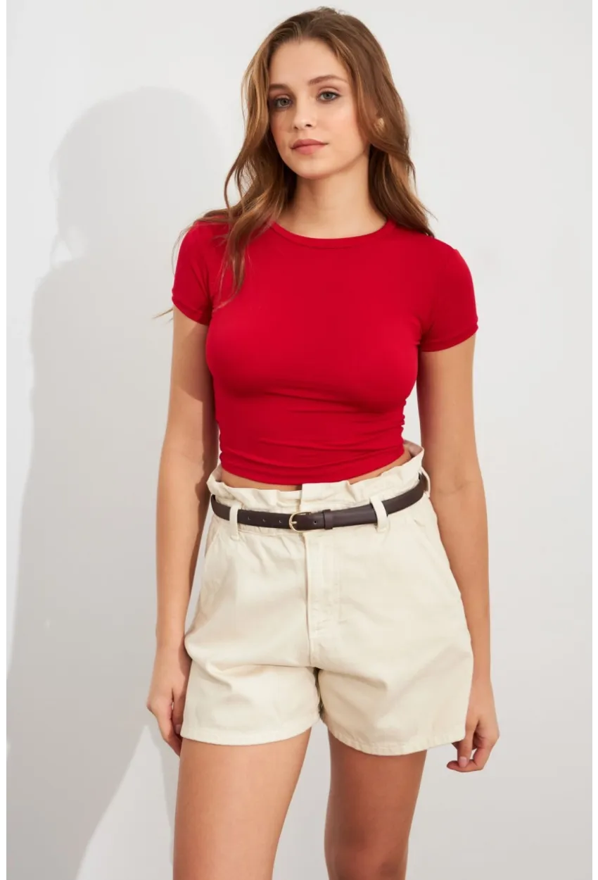 Kadın Kırmızı Basic Kısa Kollu Bluz UG2444