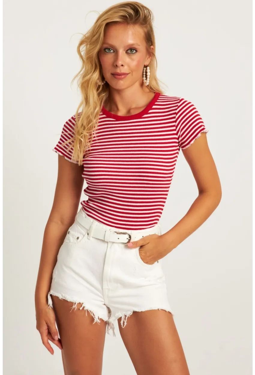 Kadın Kırmızı-Beyaz Çizgili Bluz XL2005