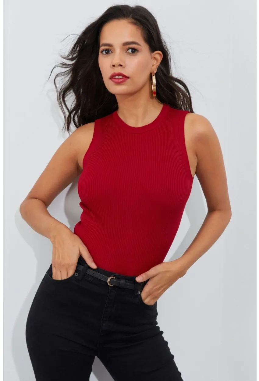 Kadın Kırmızı Bisiklet Yaka Triko Bluz YV91