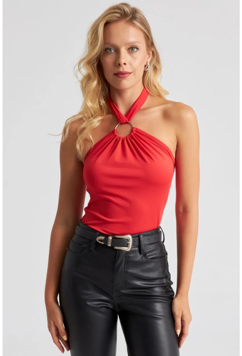 Kadın Kırmızı Boyun Bağlamalı Halkalı Crop Bluz EY2674