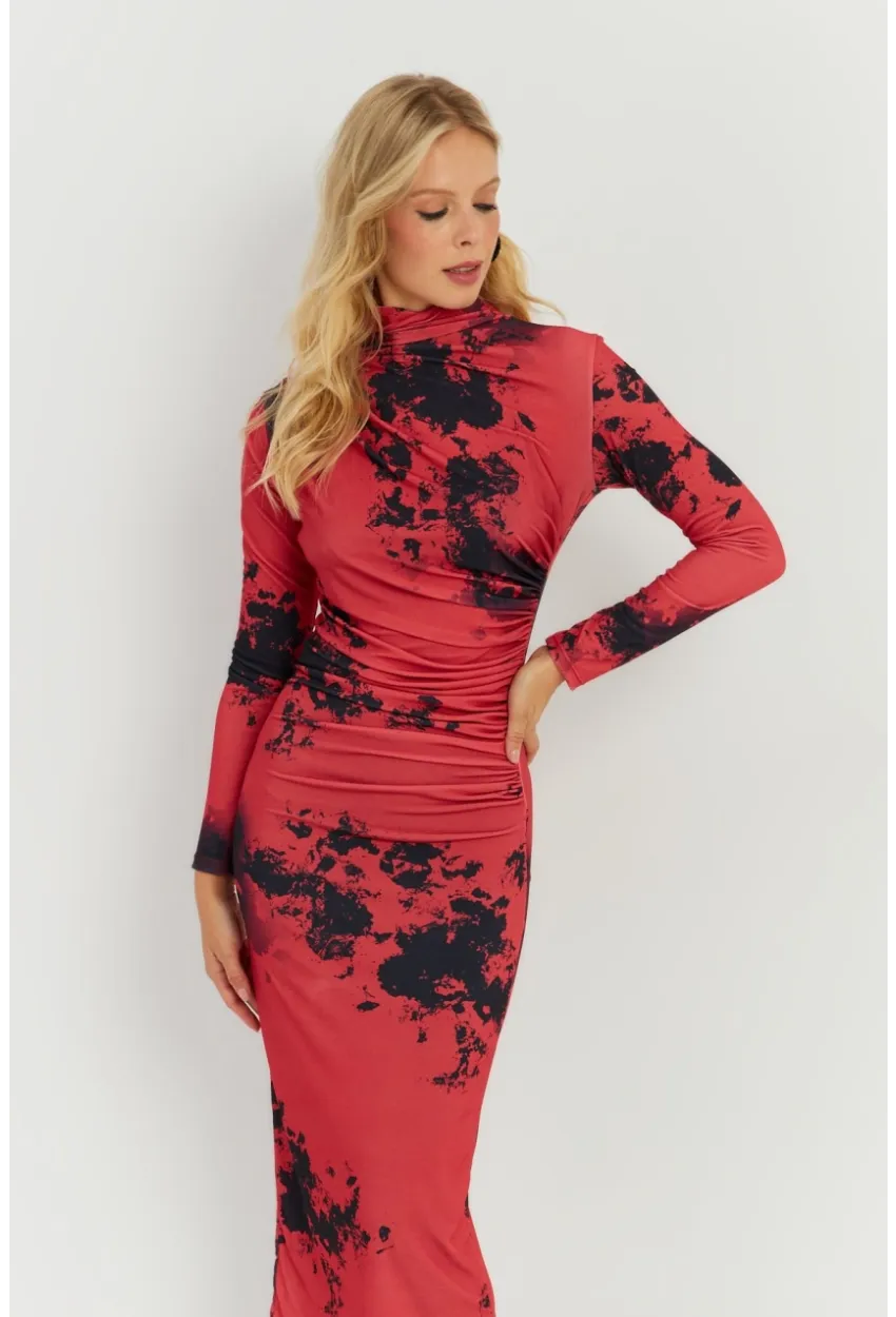 Kadın Kırmızı Büzgülü Desenli Midi Elbise MON118