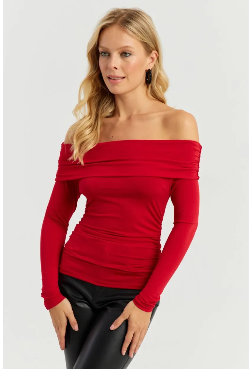 Kadın Kırmızı Büzgülü Madonna Bluz MON1119