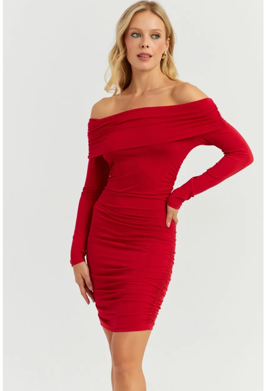 Kadın Kırmızı Büzgülü Madonna Mini Elbise MON1118