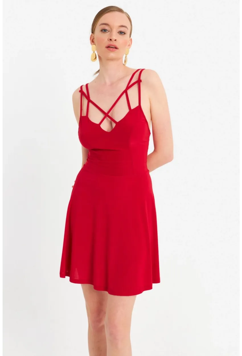 Kadın Kırmızı Çapraz Askılı Mini Elbise ELT182