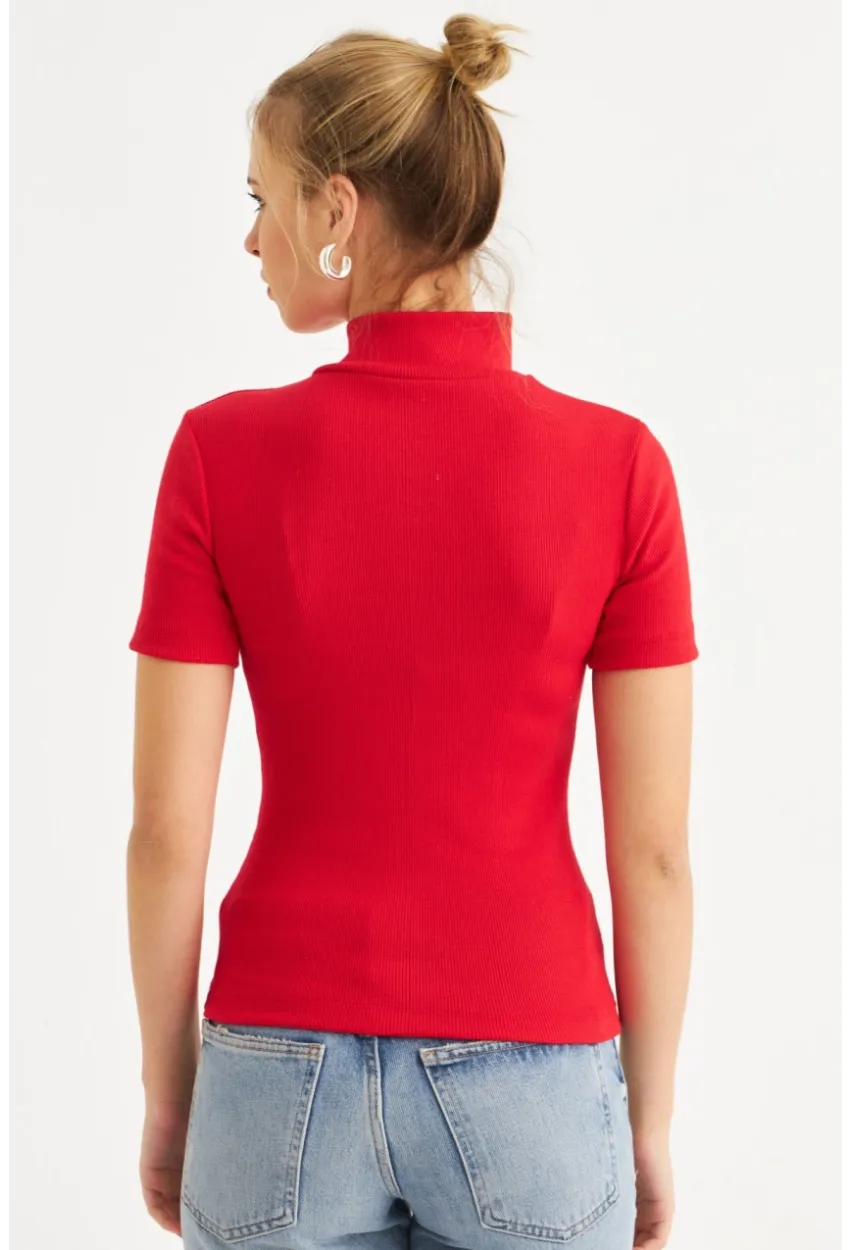 Kadın Kırmızı Çapraz Fermuarlı Kaşkorse Bluz EY3000