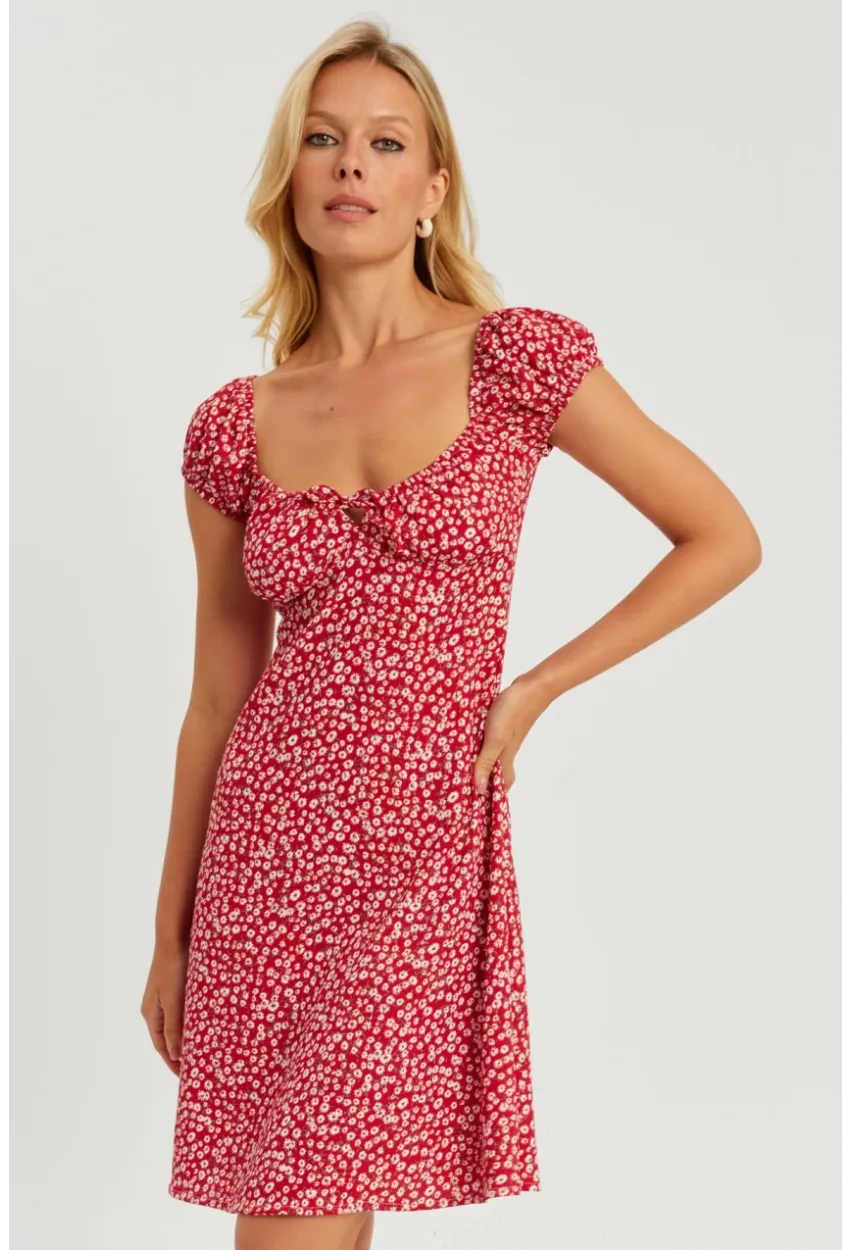 Kadın Kırmızı Çiçekli Mini Elbise GÇ165