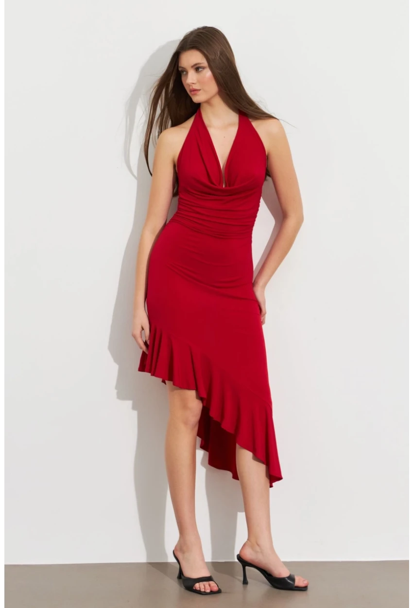 Kadın Kırmızı Degaje Asimetrik Midi Elbise İRE1436