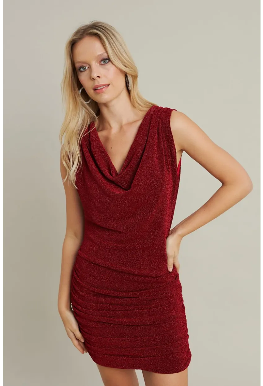 Kadın Kırmızı Degaje Yaka Büzgülü Mini Elbise YEL96