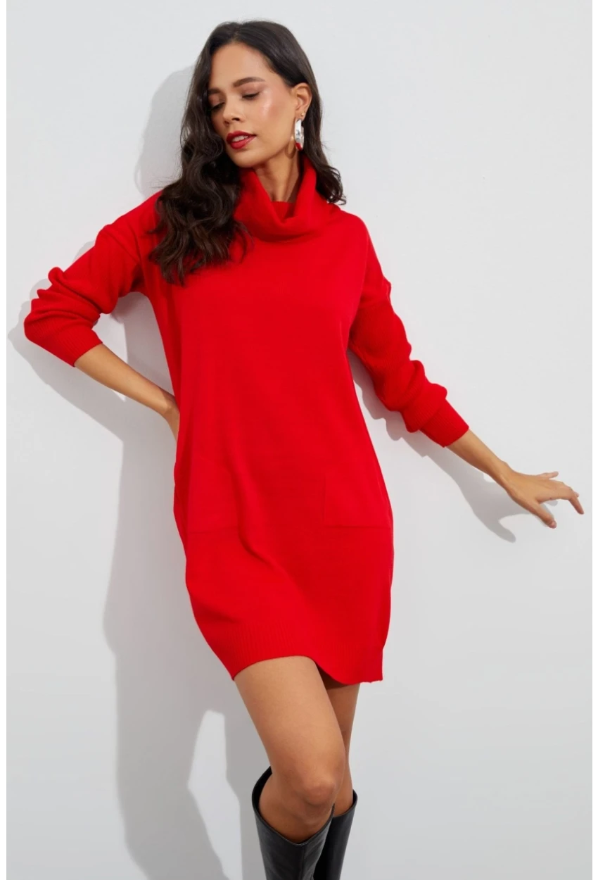 Kadın Kırmızı Degaje Yaka Triko Mini Elbise YV73