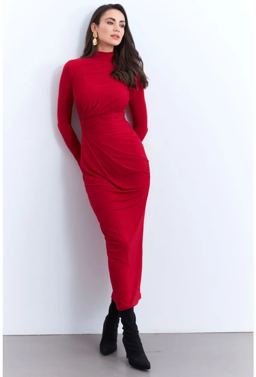 Kadın Kırmızı Drapeli Maxi Elbise LİK12