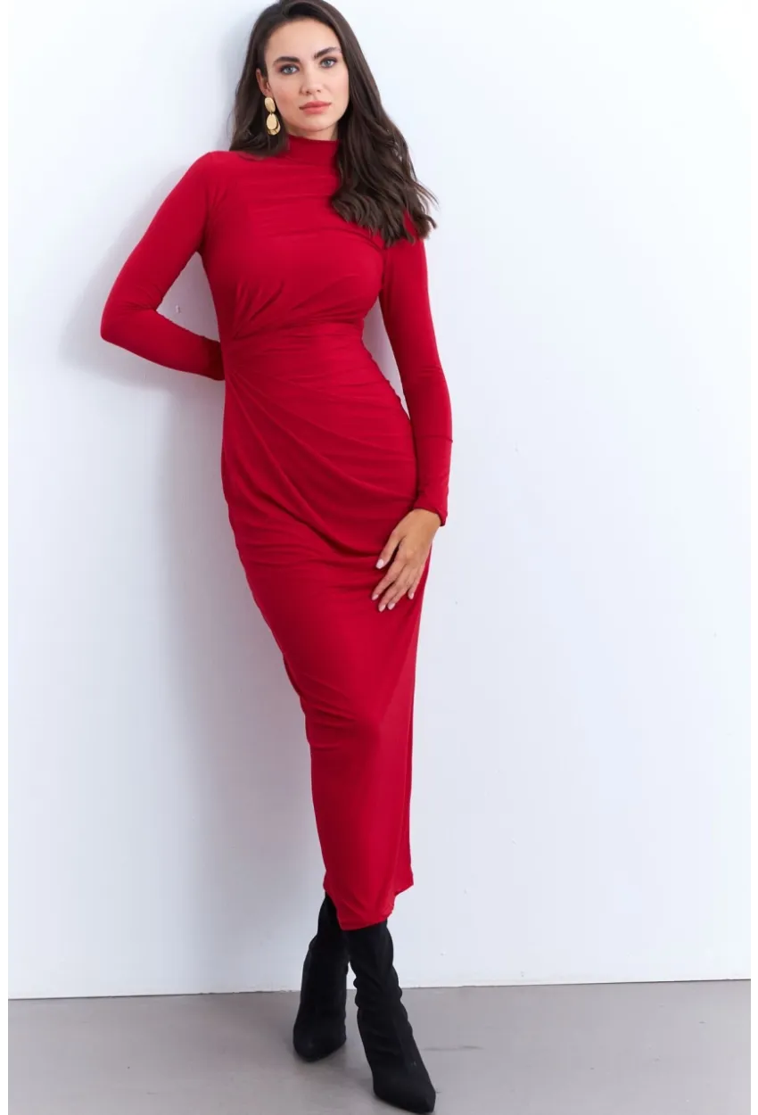 Kadın Kırmızı Drapeli Maxi Elbise LİK12