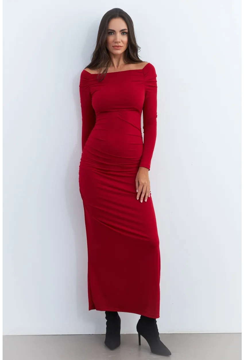 Kadın Kırmızı Drapeli Maxi Yılbaşı Elbise SHR7