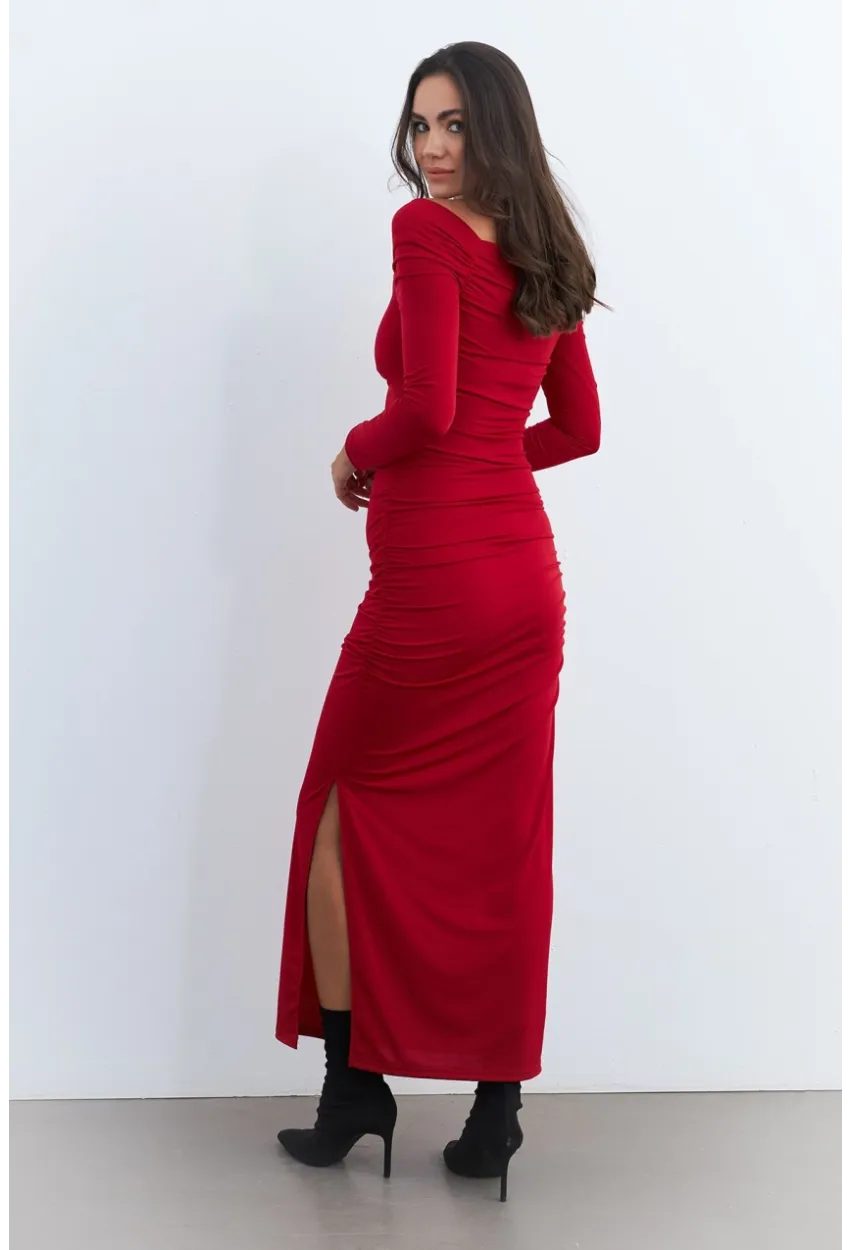 Kadın Kırmızı Drapeli Maxi Yılbaşı Elbise SHR7
