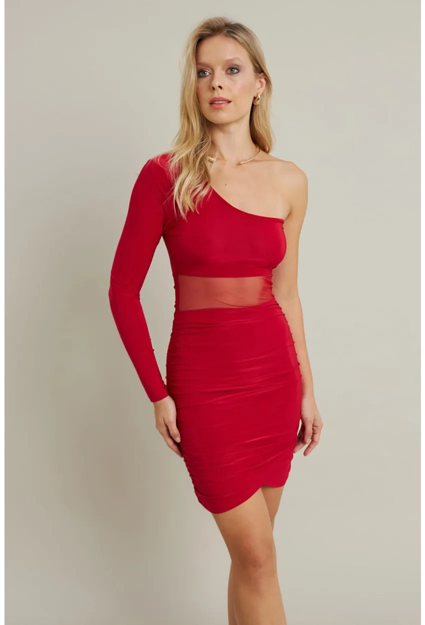 Kadın Kırmızı Drapeli Tül Detaylı Mini Elbise ELT3850