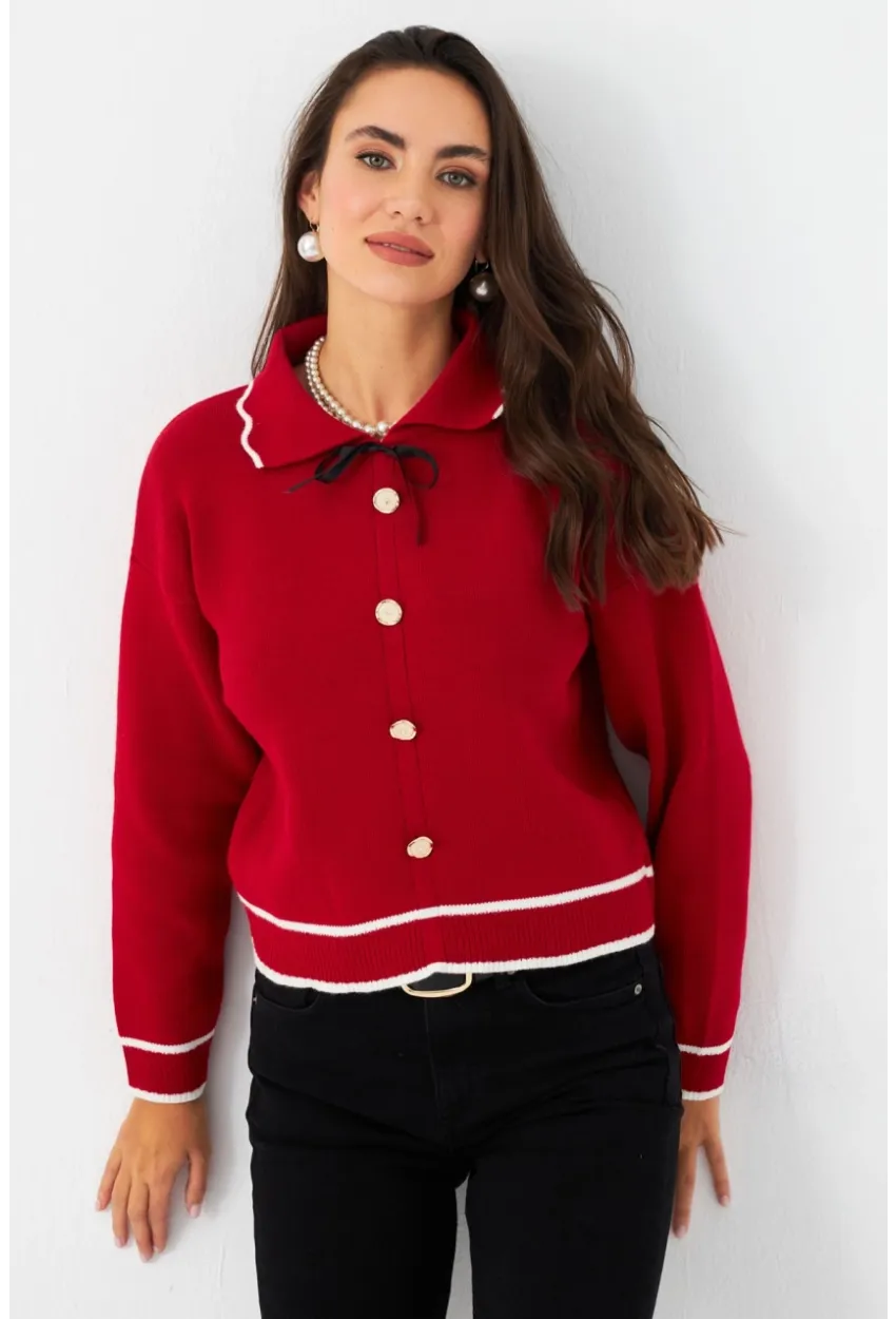 Kadın Kırmızı Düğme Aksesuarlı Kazak MCNG802