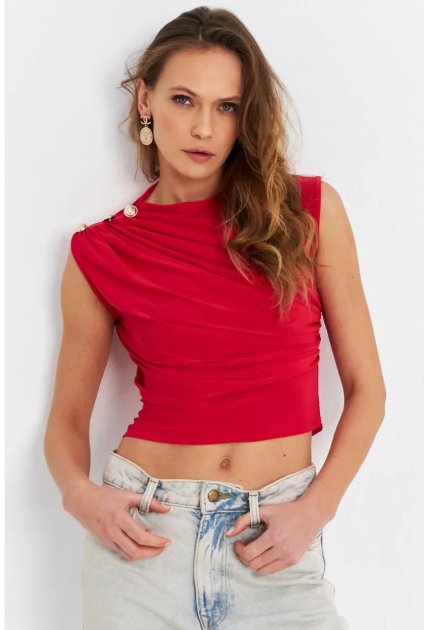 Kadın Kırmızı Düğme Detaylı Büzgülü Bluz LPP1205-1
