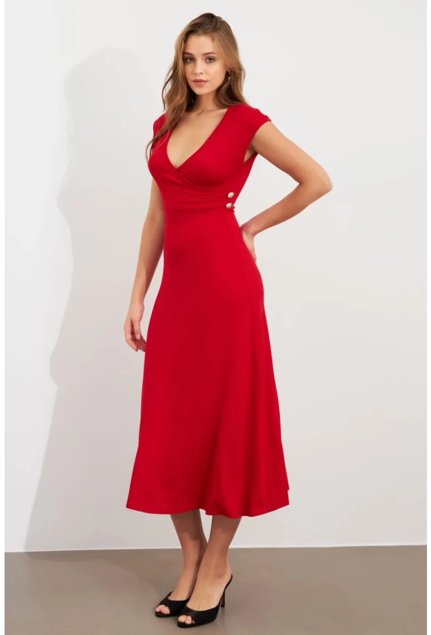 Kadın Kırmızı Düğme Detaylı Kruvaze Midi Elbise EY0011