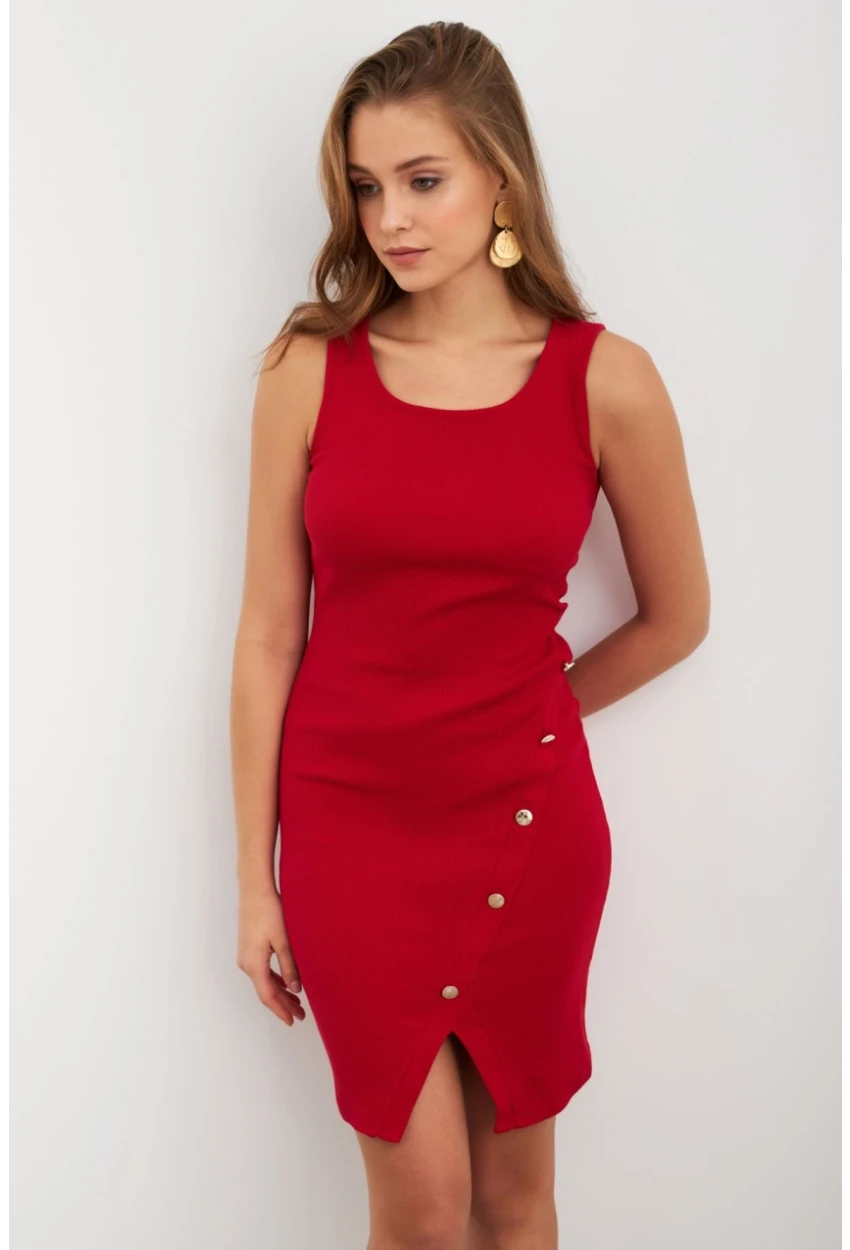Kadın Kırmızı Düğme Detaylı Midi Elbise URO1111