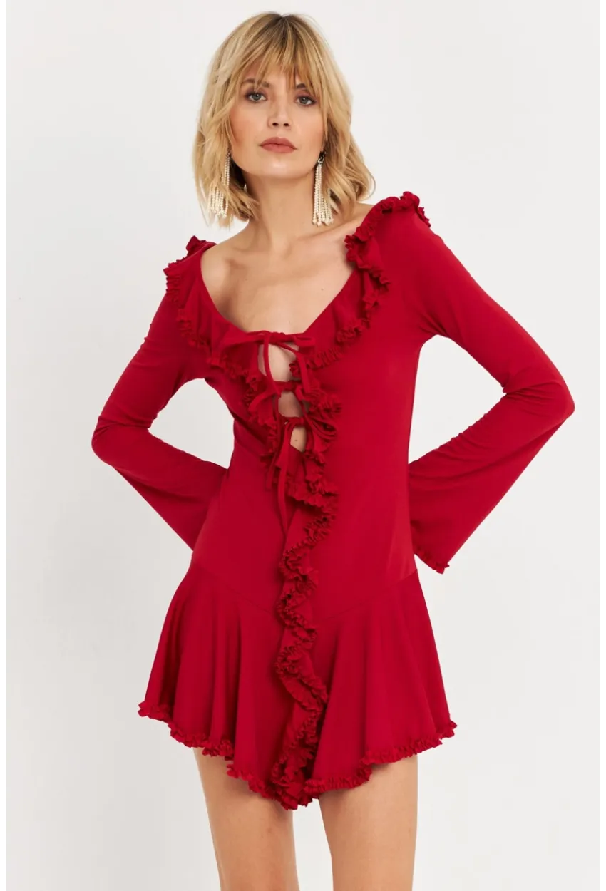 Kadın Kırmızı Fırfırlı Mini Elbise DCF121