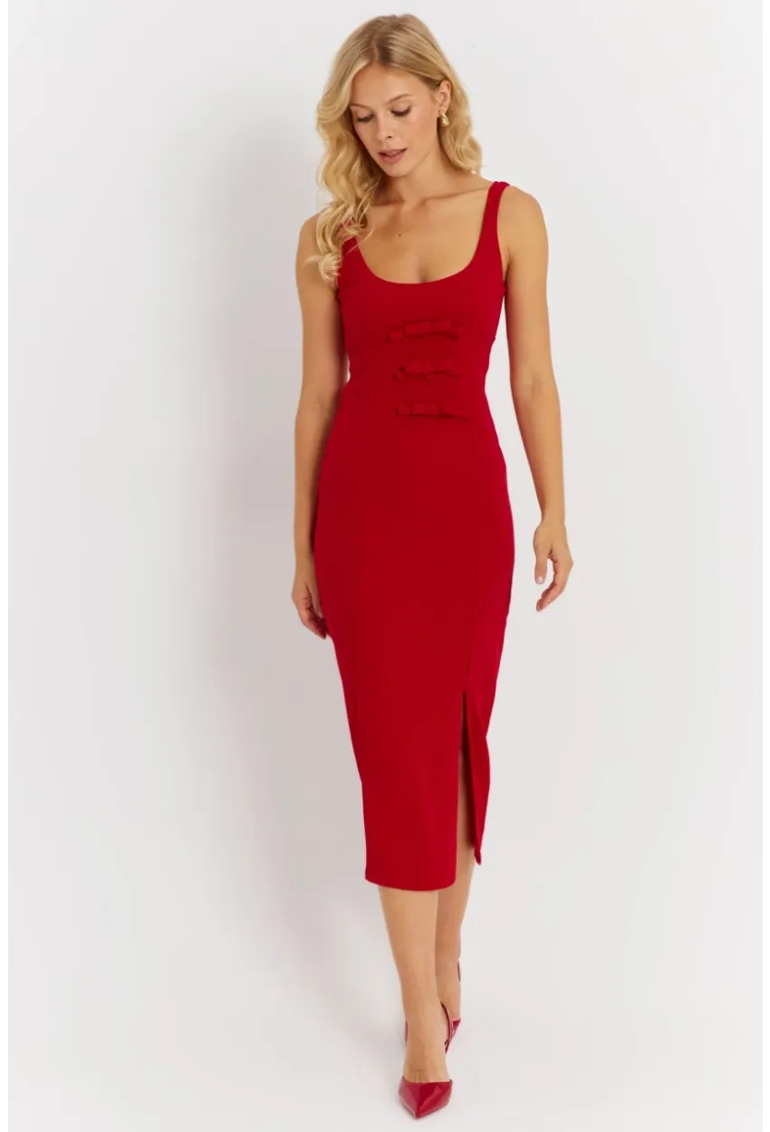 Kadın Kırmızı Fiyonk Detaylı Yırtmaçlı Midi Elbise KED4283