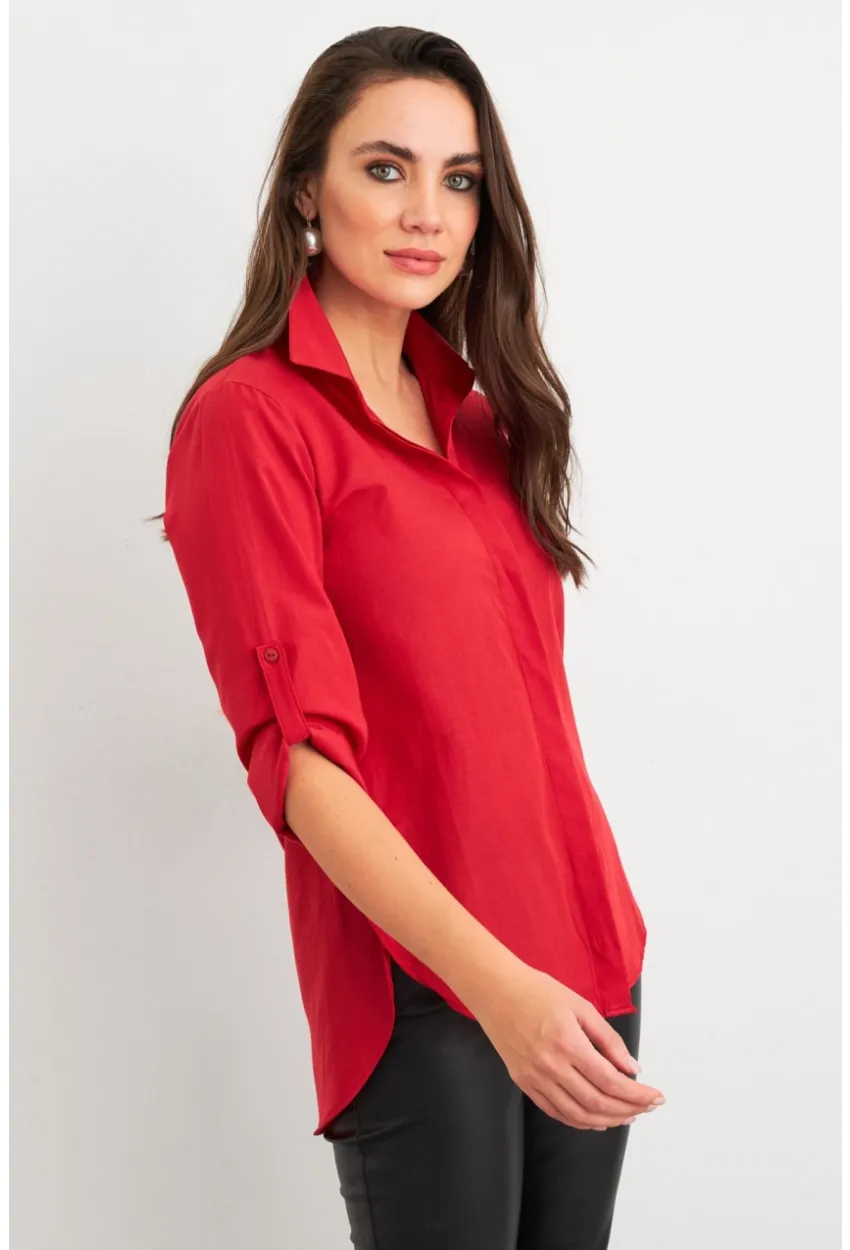 Kadın Kırmızı Gizli Düğmeli Uzun Gömlek SF2001