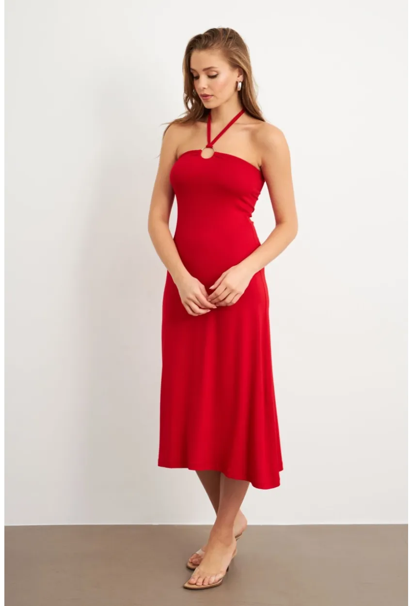Kadın Kırmızı Halka Detaylı Midi Elbise EY3089