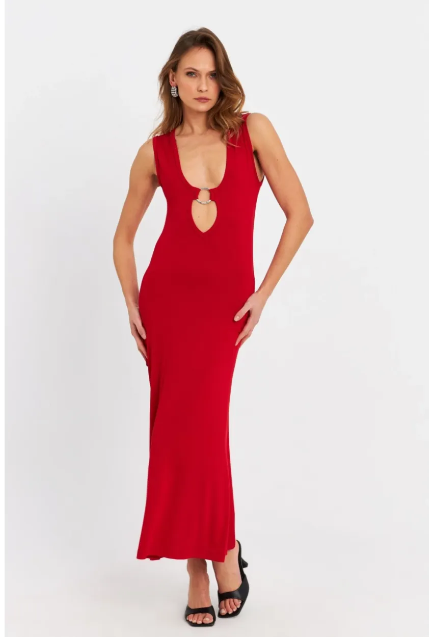 Kadın Kırmızı Halka Detaylı Pencereli Midi Elbise EY3078