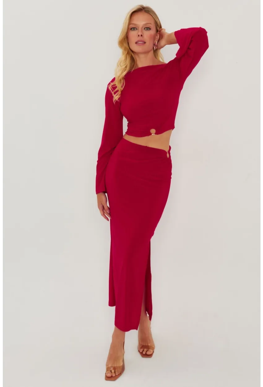 Kadın Kırmızı Halka Detaylı Sırtı Açık Etek Takım HO051