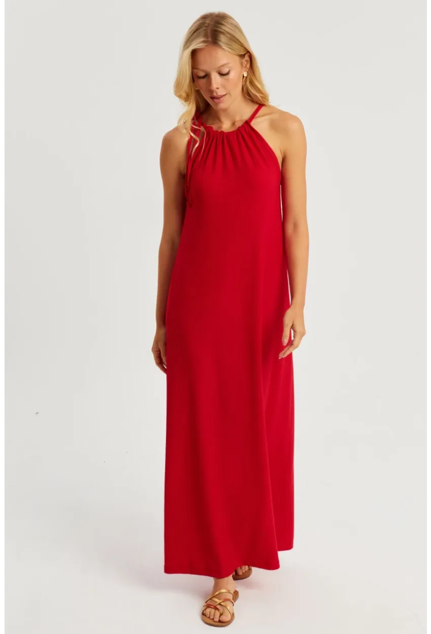 Kadın Kırmızı Halter Yaka Bürümcük Midi Elbise EY2788
